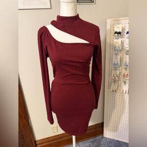 Lush Burgundy Long Sleeve Dress with Cutout